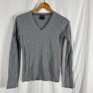 Tommy Hilfiger Gray Cable Knit V-Neck Sweater S/P 100% Pima Cotton Womens